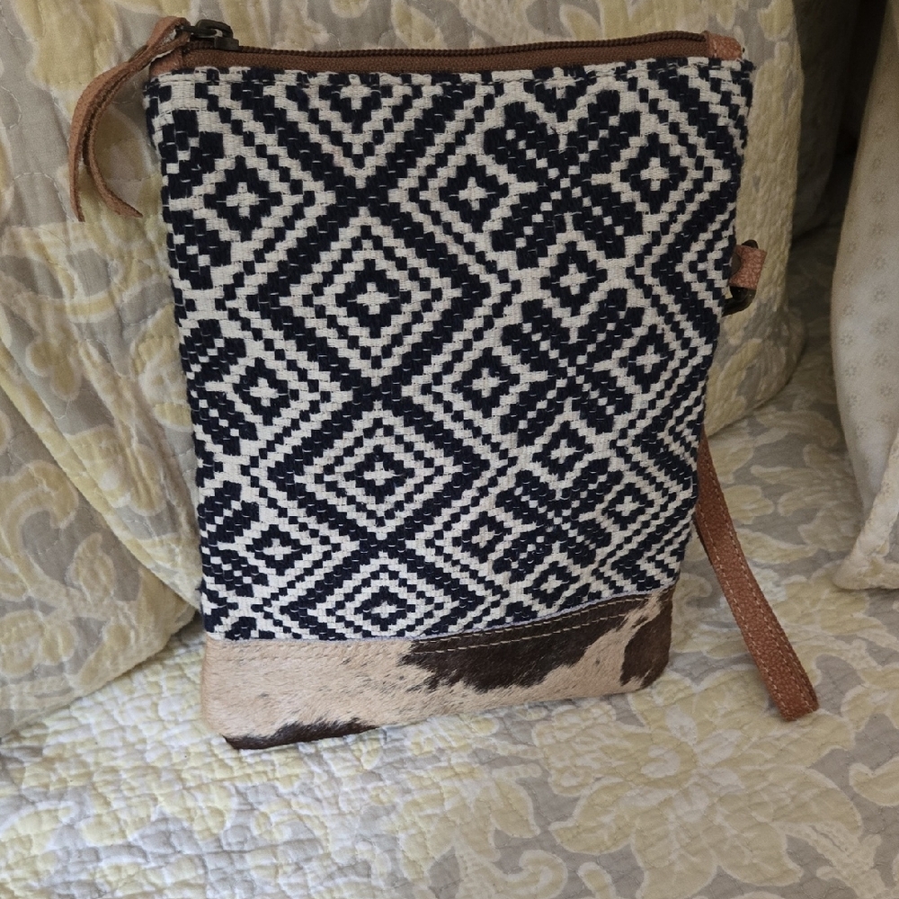 Myra leather and canvas Geometric Patterned Black and White Clutch